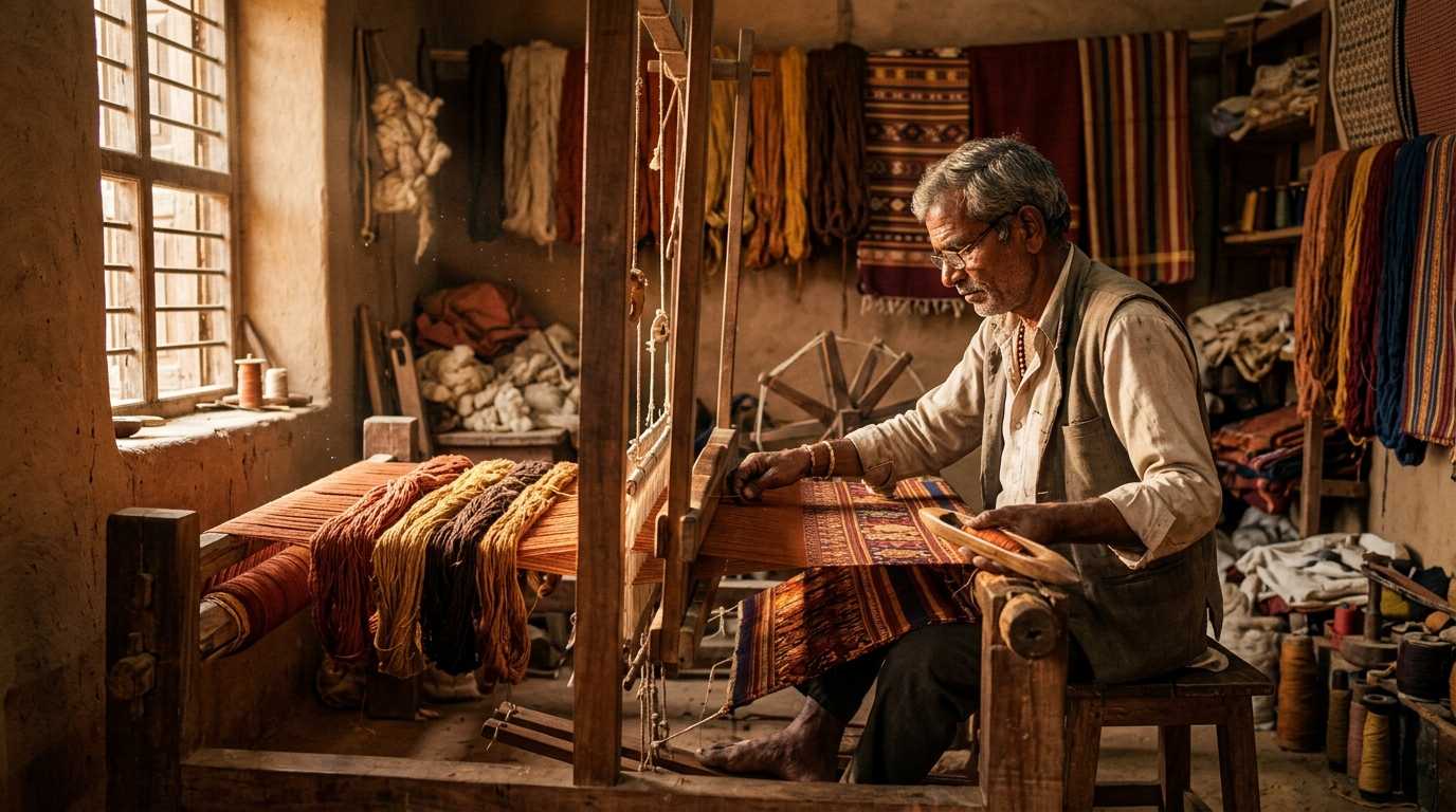 Artisan weaving at a traditional loom